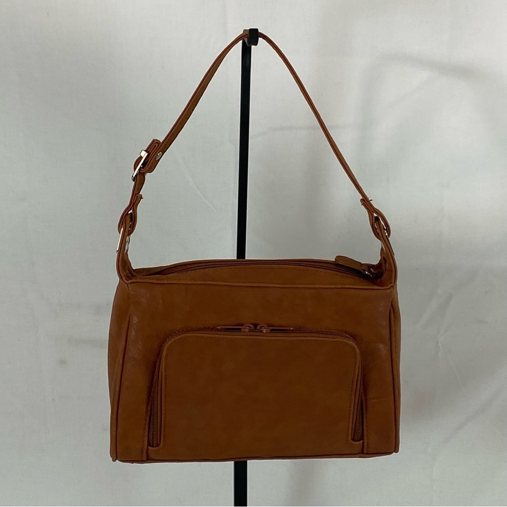 Cognac Faux Leather Organizer Shoulder Bag | Multi-Zip Everyday Purse